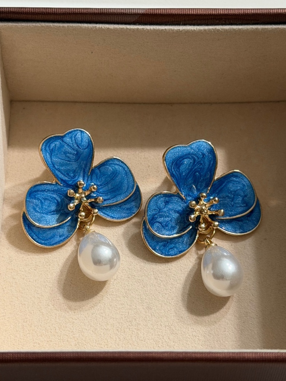 Golden Blue Teardrop Flower & Faux Pearl Dangle Earrings